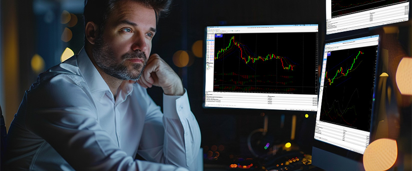 Trader studying several market charts on a trading platform while assessing European volatility