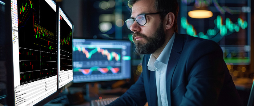 Trader reviewing price charts on trading platform screens to analyse Wyckoff accumulation
